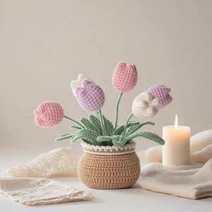 Kit Creativo per Uncinetto Fai-da-Te: Fiori di Tulipano Lavorati a Maglia, Set per Principianti per Realizzare Vasi di Fiori Lavorati a Mano - Product Image 5
