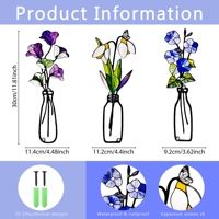 Buntglas-Metall-Wildblumen-Vase Wandbehang Ausgeschnittene Blumen-Wandkunst Ornament-Set für Innenräume Wohnzimmer Heim-Wanddekoration Geschenk