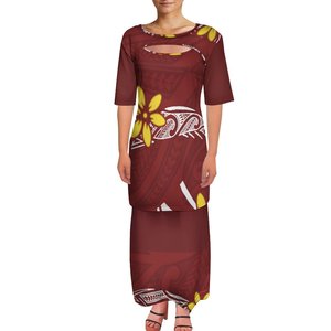 Popolare Completo Due Pezzi Polinesiano da Donna, Gonna Lunga Maxi con Stampa Tribale Plumeria Viola, Outfit Puletasi delle Isole del Pacifico Samoane - Product Image 5