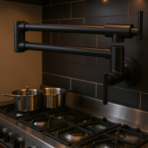 Rubinetto da cucina in ottone massiccio 24.4, a parete, per riempimento pentole, con braccio oscillante a doppio snodo, 2 maniglie, finitura nero opaco, moderno - Product Image 2