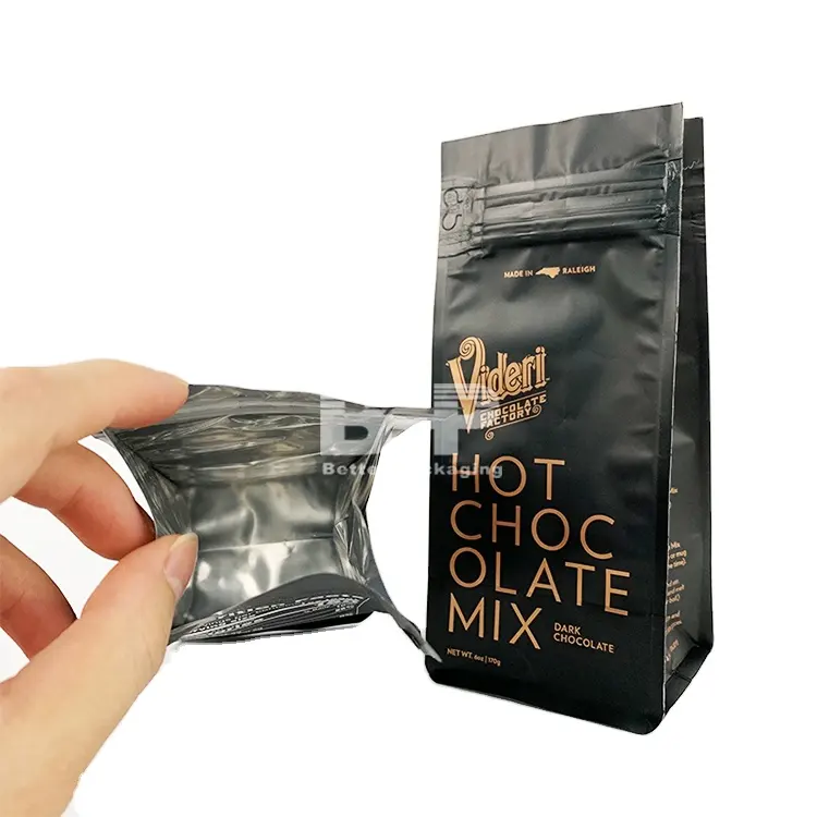 कस्टम लोगो फ्लैट नीचे प्लास्टिक पैकेजिंग काले बैग जेब जिपर और वाल्व के साथ कॉफी बीन्स के लिए और चाय पत्ती और गर्म चॉकलेट