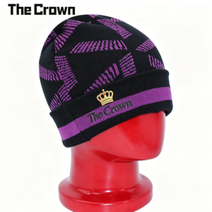 Custom Logo <b>Flat</b> Embroidery Knit Beanie Black Purple Jacquard Pattern Cuffed Winter <b>Hat</b> Warm Skull Cap Wholesale Bulk - Product Image 3