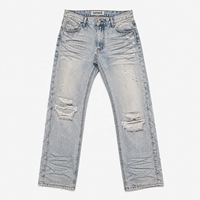 Jeans en denim de qualité supérieure pour hommes, poids moyen, logo personnalisé, déchirés, effet usé, coupe droite, style classique, coton avec élasthanne, service OEM