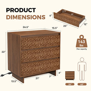 Mesita de Noche Moderna de Madera con 3 Cajones, Puertos USB, Tomas de Corriente, Textura de Hoja en Relieve, Gran Almacenamiento, Mueble para Dormitorio o Sala de Estar - Product Image 3