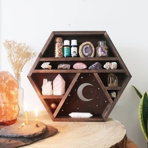 Moon And Stars Solid Pine Dark Oak Colour Wooden Storage Rack Hexagon Wall Shelf Unit Organizer Crystal Shelf Display