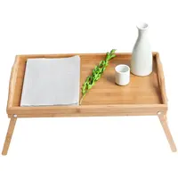Table en Bambou Naturel avec Pieds Pliants, Plateau de Service Réglable pour le Petit Déjeuner