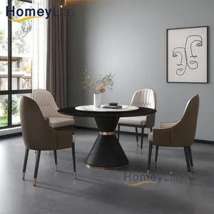 Conjunto de mesa de jantar luxuosa, 8 lugares, mármore cerâmico redondo e mesa de jantar dourada mdf, mesa de madeira para sala de jantar