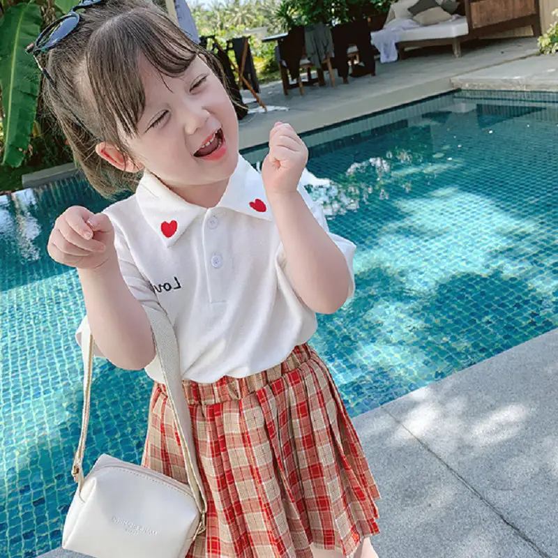 2020 crianças Do Bebê Dos Miúdos 2pcs Meninas Polo Verão Coração Colheita Top Camisas Blusa Com Gingham Vestidos Saias