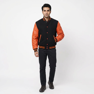 OEM Custom Design High Quality Embroidery Black Baseball Wool Viscose Stand Bomber Letterman Men <b>Covered</b> <b>Button</b> Varsity Jacket - Product Image 1