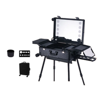 Trolley de maquillage grand format 24 pouces avec miroir LED, valise de maquillage roulante, étanche, boîte de rangement de voyage pour salon, avec haut-parleur Bluetooth