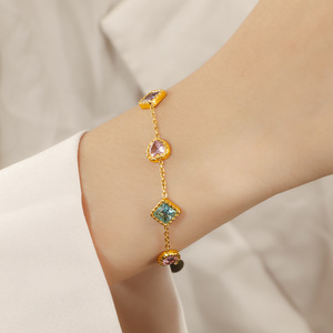 Heart <b>Charm</b> Women's Trendy <b>Bangles</b> Cubic Zirconia Chain 14K Gold PVD Stainless Steel Colorful CZ Perfect Christmas Gift - Product Image 2