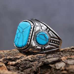 High Quality Stainless Steel Turquoise Arab Stone Men Steel Ring Vintage Black Oval Stone Silver <b>Pagan</b> Wicca Ring - Product Image 3