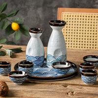 Ensemble de tasses à saké en porcelaine à motif vague bleue ESTICK, style japonais, plateau de service, glaçure peinte à la main, coffret cadeau, pour la maison