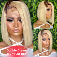Perruques Courtes Bob en Cheveux Naturels Indiens Pré-Pluckées, Lisses, Transparents, avec Dentelle Frontale Complète, Couleur 1B 613 Blonde, pour Femmes Noires