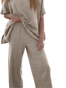 Women Solid Color Casual <b>Tracksuit</b> Set Loose Fit Crew Neck Short Sleeve Top With Elastic Waist Pants Side Pockets Spring Wear - Product Image 1