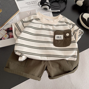 2025 nuovo vestito estivo a maniche corte Casual 90% cotone due pezzi strisce Design per bambini <span class=keywords><strong>di</strong></span> 1-5 anni - Product Image 3