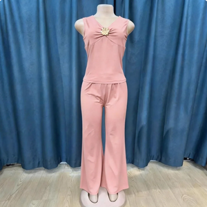 Ensemble de deux pièces pour femmes, nouveau survêtement uni personnalisé 2026, été, sans manches, à volants, chemise à lacets, pantalon long ajusté - Product Image 1