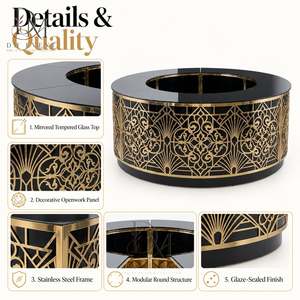 Barra de Bar Redonda Plegable Grande de Acero Inoxidable Dorado y Negro con Diseño Floral Art Deco y Tapa de Vidrio Templado Desmontable - Product Image 5