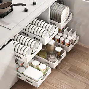 Puxe a organização do armário fixo com adesivo Slide Out gaveta armazenamento prateleiras para armários de cozinha