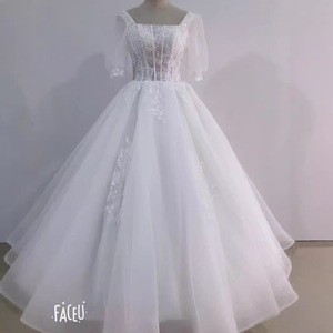 Forest Themed Light Wedding Dress Princess Waistline Square Collar Ball Gown Embroidered Lace Net Vintage <b>Floor</b> Length Long - Product Image 3