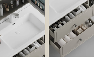 Meuble sous-vasque en bois massif de style moderne nordique avec miroir éclairé en céramique étanche mural pour hôtels - Product Image 4