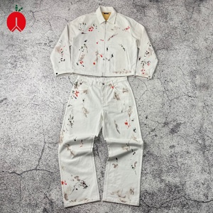 Fabricant OEM et ODM, fournisseur de marque privée, ensemble <span class=keywords><strong>veste</strong></span> et <span class=keywords><strong>jean</strong></span> <span class=keywords><strong>en</strong></span> denim blanc avec logo personnalisé et éclaboussures de <span class=keywords><strong>peinture</strong></span> à bas quantité minimale de commande et fermeture éclair sur le devant - Product Image 2