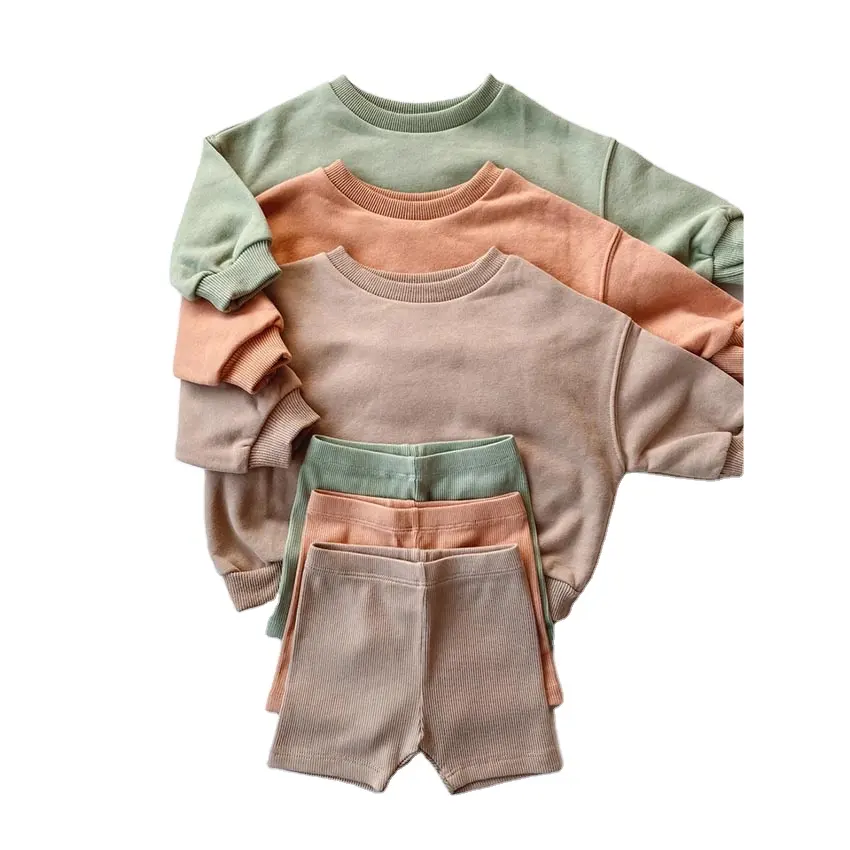 Quality unisex baby clothing sets solid crewneck pullover sweatershirt matching bike shorts kids Fall outfit sets