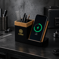 Organisateur de bureau en bambou avec chargeur sans fil, porte-stylo, support de téléphone, station de charge rapide, logo personnalisé, cadeau d'entreprise, fabriqué en Chine
