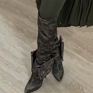 Botas de Mujer Hechas a Medida, Botas de Tacón Alto con Punta Puntiaguda y Camuflaje, Botas Largas por Encima de la Rodilla con Bolsillos - Product Image 1