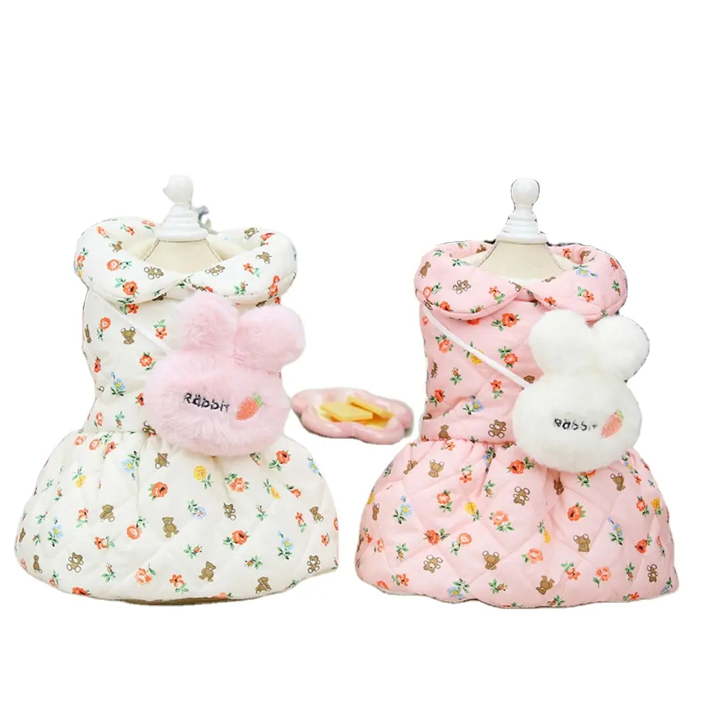 New Pet Clothing Winter Plus Fleece Floral Princess Skirt Rabbit Backpack Dog Cotton Dress