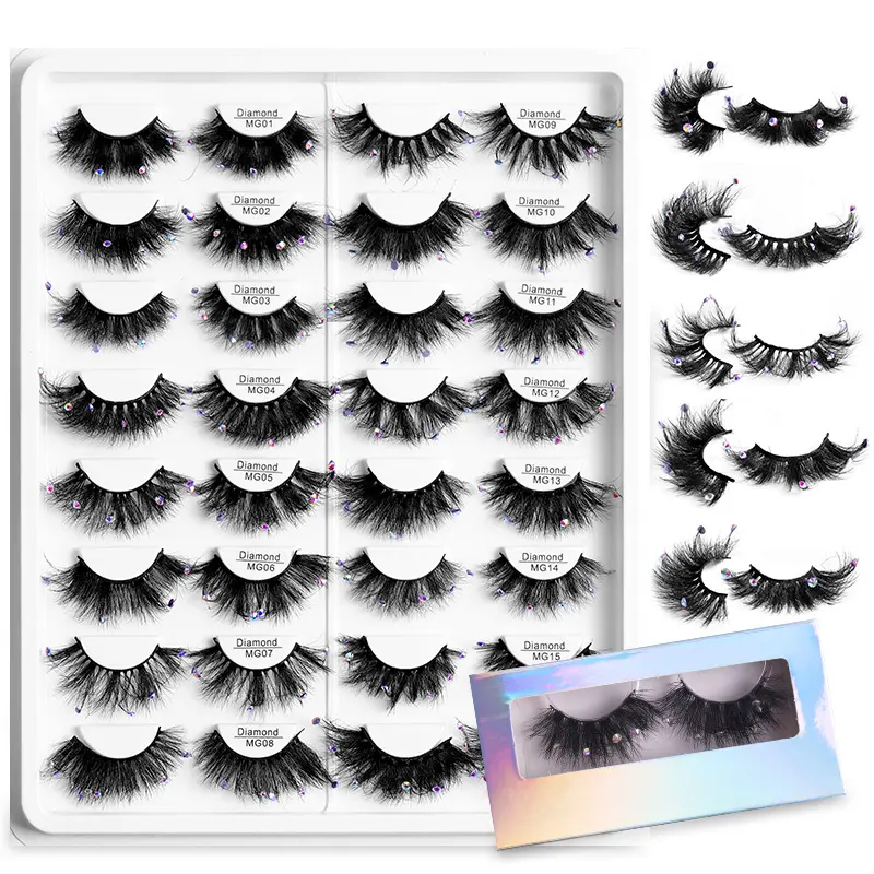 customized logo rhinestone diamond eyelash Deep Curl Russian Volume Faux Mink Strip Lashes Party False Lashes