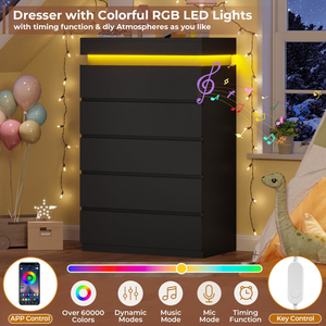 Cómoda Alta de 5 Cajones con Luz LED, Cómoda Moderna Negra para Dormitorio, Cómodas para Armario - Product Image 3
