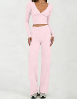 Ensemble de yoga pour femmes, col en V, haut court à manches longues et pantalon large, tissu respirant, idéal pour la gym, la course à pied et les entraînements