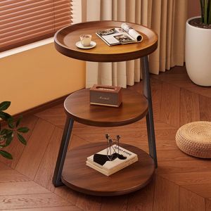 Mesa auxiliar pequeña marrón rústica de 3 niveles, mesa auxiliar <span class=keywords><strong>circular</strong></span> de cintura delgada y compacta, <span class=keywords><strong>estante</strong></span> de almacenamiento para mesita de noche de té, sala de estar - Product Image 2