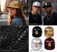 Casquette de baseball 5 panneaux en cuir PU brodé effet peau de serpent, réglable, avec décor métallique signe dollar doré, style urbain, de luxe et tendance