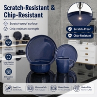 Service de table 16 pièces en grès céramique réactif bleu de qualité supérieure, étanche, résistant à la chaleur, compatible lave-vaisselle, four et micro-ondes