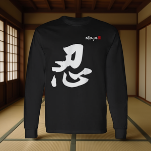 T-shirt a maniche lunghe con calligrafia cinese Ninja, abbigliamento casual da uomo nero - Product Image 4