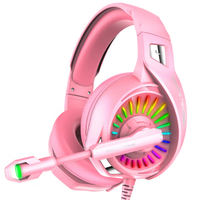 A20 Headset Gaming, kabel merah muda dengan suara Surround 7.1 Saluran lampu LED dan mikrofon untuk PC Laptop Esports
