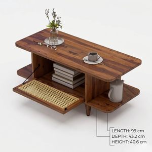 Table basse en bois massif naturel avec étagère en rotin, table de salon haut de gamme avec rangement pratique - Product Image 4