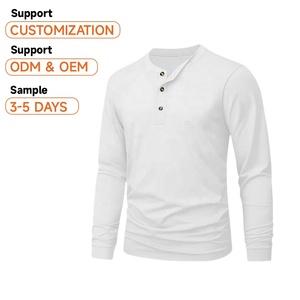 Camisas Henley de manga larga para hombre 100% sarga de algodón 3 botones primavera Casual transpirable frente en blanco Color sólido Tops suaves - Product Image 1