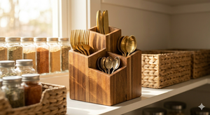 Organisateur de couverts en bois avec compartiments pour fourchettes, cuillères, couteaux, utilisation en extérieur sur table - Product Image 5