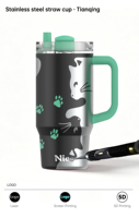 Tasse isotherme en acier inoxydable de 900 ml avec poignée et paille, motif chat mignon, sans BPA, idéale comme cadeau, personnalisable avec logo – Vente en gros