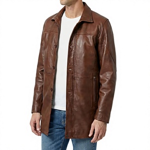 Manteau long en cuir véritable pour homme, col rabattu, simple boutonnage, coupe classique, marron - Product Image 3