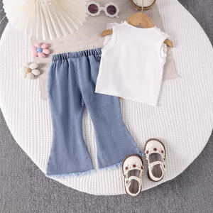 Nouveau produit : Ensemble haut sans manches à volants et patchwork floral pour filles, été, et <span class=keywords><strong>jean</strong></span> à perforations - Product Image 2