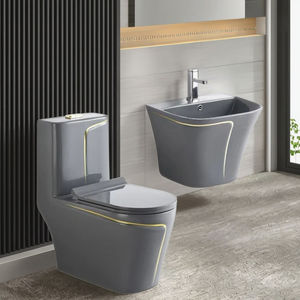 Conjunto de Louças Sanitárias Cerâmicas Montadas no Chão na Cor Cinza para Banheiro, Vaso Sanitário em Uma Peça com Lavabo Suspenso - Product Image 3