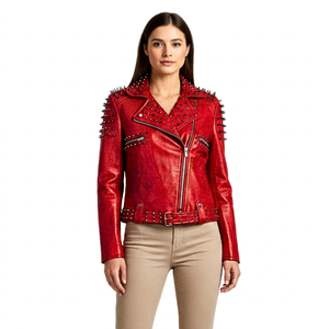 Chaqueta de moto de cuero genuino rojo con remaches y cierre de cremallera, abrigo de motociclista para mujer, estilo otoñal - Product Image 1