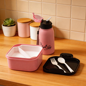 Pink <b>Lunch</b> Box And Water Bottle <b>Set</b> With Cutlery For Kids Large Square Type - Product Image 2