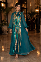 Robe longue modeste de luxe en polyester avec broderie de sequins, col montant et manches transparentes, idéale pour l'Aïd, les mariages et les grandes occasions (Abaya)