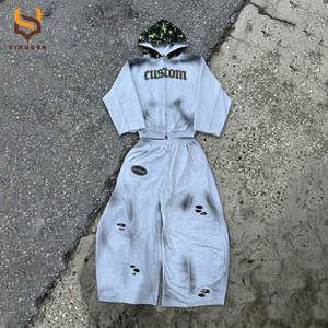 Custom <b>Retro</b> Acid Wash Hooded <b>Tracksuit</b> Set Camouflage Hood Baggy Straight Wide-leg Sports Pants Set 100% Cotton Men <b>Tracksuit</b> - Product Image 1