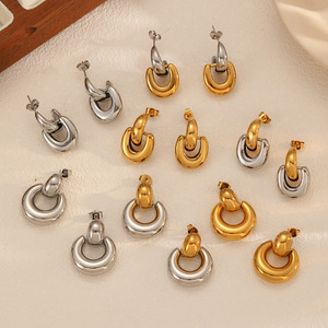 ต่างหูทรงเรขาคณิตสแตนเลสทรงกลมครึ่งวงกลมไทเทเนียมชุบทอง 18k เครื่องประดับแฟชั่น - Product Image 2